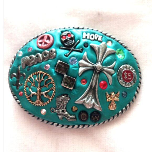 One-of-a-Kind Handcrafted Clay Belt Buckle Peace Skull Cross Vegas Hippie main image 13